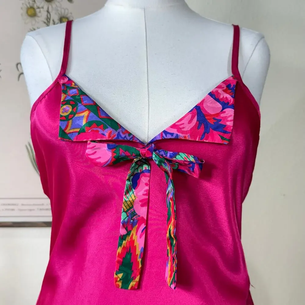 Vintage 80s 90s Pink Satin Bow Collar Slip Dress Romantic Retro Fairy Sexy M